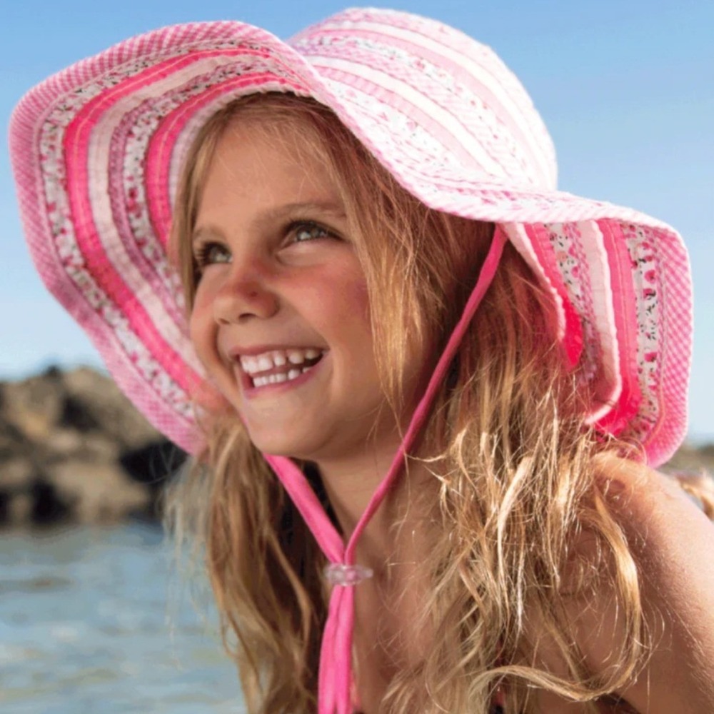 Millymook 100% Cotton Girls Sun Hat Pink Floral Stripe Wide Brim 55 cm 5 9 Years
